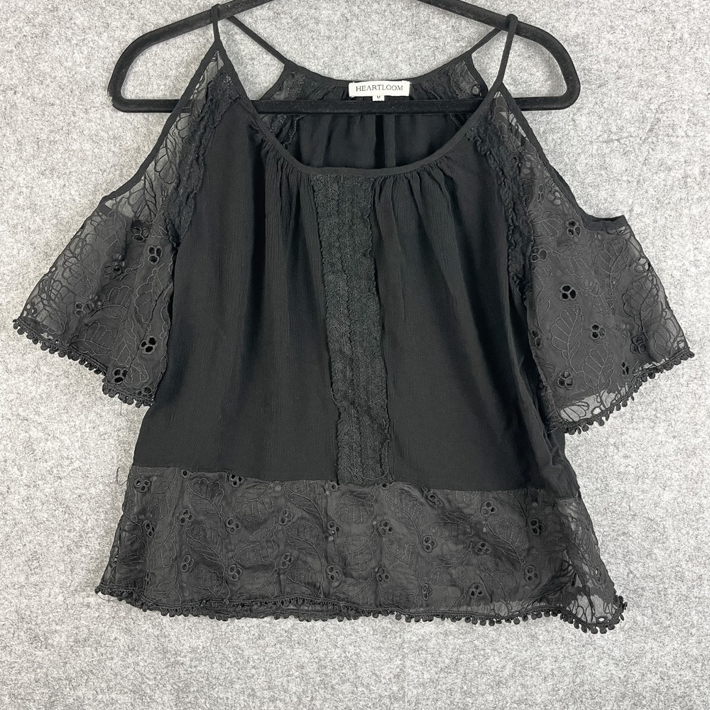Heartloom Top Womens Medium Black Lace Cold Shoulder Whimsy Fairygoth Witchy